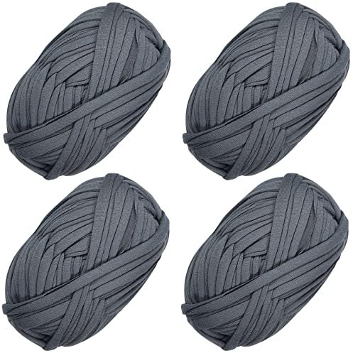 4 PCS Anfänger T-Shirt Garn Elastischen Stoff Häkeln Tuch für DIY Stricken, Spaghetti Dicke Strickgarn für Hand DIY Tasche Decke Kissen Häkeln Projekte, Home Decor (Dunkelgrau)