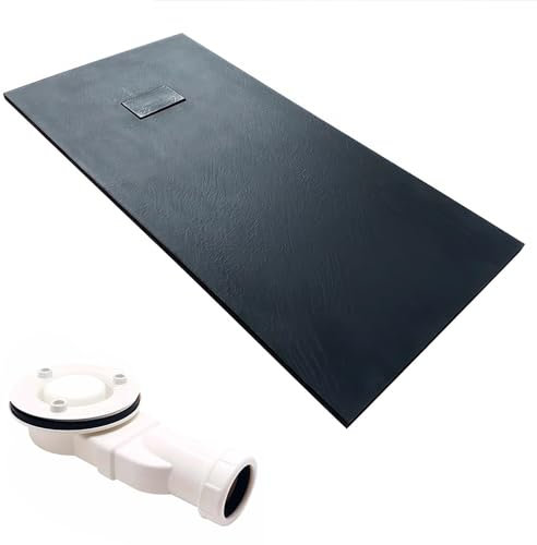 KOLMAN Duschwanne 180x90 cm Rechteck, Schwarz, Komposit, Flach, Steinoptik, Ablaufgarnitur Ø 90 mm, Design-Duschtasse Rechteckig VIDAR SLIM