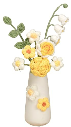 Gestrickte Rose, Sonnenblume, Maiglöckchen Im Keramikvasen-Set, Handgefertigte Häkelblumen mit Vase, Künstlich Gewebte Blumenarrangements für die Tischdekoration zu Hause und Im Büro(Gelbe Rose)
