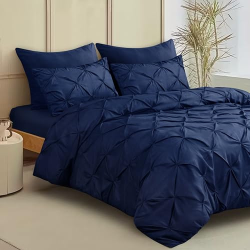QATAN Luxury Pintuck Duvet Cover Set with Pillowcases - Elegant Microfiber Bedding, Pintuck Pleated Diamond Pattern, Machine Washable, Available in Single, Double, King, and Super King (Navy, Single)