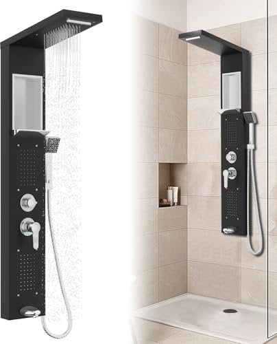 Froadp Panel de ducha de lluvia de acero inoxidable, sistema de ducha de 5 funciones, montaje en pared, juego de ducha con ducha de mano, ducha de lluvia, ducha de masaje, ducha cascada, juego