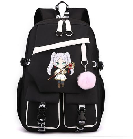 Sageam Anime Frieren: Beyond Journey's End stilvoller Schulrucksack Freizeitrucksäcke Nylon Wasserdicht Daypack mit Haarballen-Anhänger für Damen Mädchen