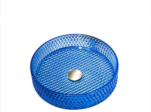 Fregadero de baño de vidrio de cristal, fregadero redondo, instalación de encimera, lavabo de baño, lavabo artístico con drenaje desplegable de latón, azul