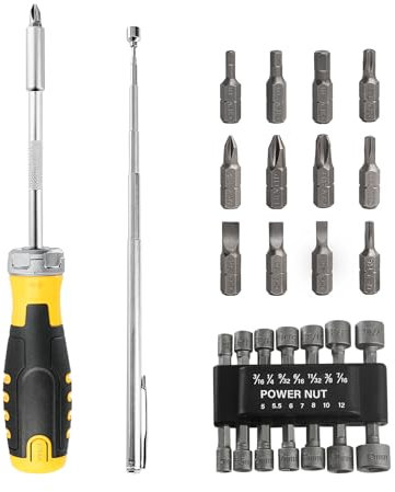 HAUTMEC 28 Pcs Magnetic Ratcheting Screwdriver Set, Multi-bit Screw Driver Set Including CRV Screwdriver Bits, Nut Driver Set and Telescoping Magnetic Pickup Tool for DIY, Electronics, Auto Repair