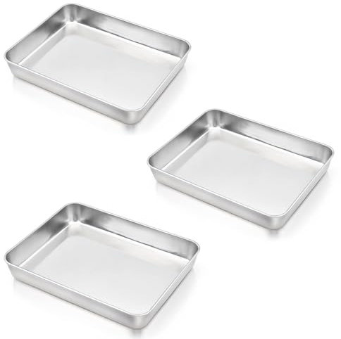 Cobenga Set di 3 teglie da forno in acciaio inox, teglia per biscotti da 30 cm, teglia rettangolare per dolci lavabile in lavastoviglie, teglia da forno in acciaio inox per torte, brownie e lasagne