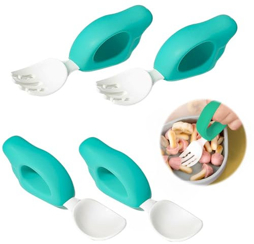 Toddler Cutlery Set,4PCS Toddler Spoon and Fork Set,Food Safe Baby Cutlery,Soft-Tip Self Feeding Forks and Baby Spoons 6-36 Months,Silicone Weaning Cutlery(Green)