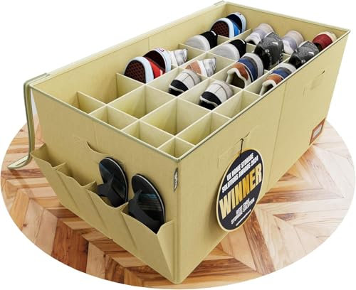 Tydi Shoe Storage Box - Ultra-Stiff XXL Organiser with 24 Compartments, Zippable Clear Cover, Side Pockets & Handles - Space-Saving Shoe Box for Easy Organisation - Cream