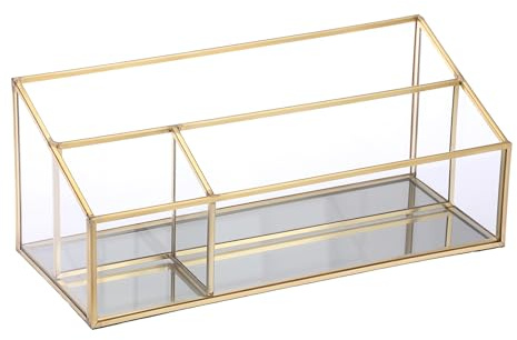 Hipiwe Vintage Gold Makeup Organizer, Mirrored Glass 3 Slots Vanity Holder