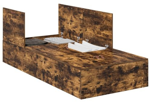 vidaXL Rustikales Bettgestell aus geräucherter Eiche mit integrierten Schubladen für Einzelmatratze 90 x 190 cm Schlafzimmer und Gästezimmer Eichenmöbel, hochwertig, langlebig, stilvoll