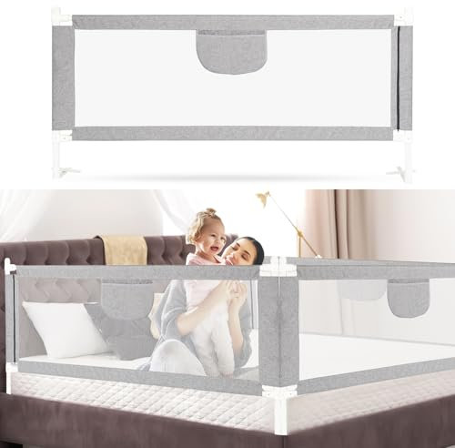 Jaxguom Bettgitter 200CMx2+180CMx1, Bettgitter Rausfallschutz Bett Höhenverstellbar 64-96cm, Bettschutzgitter Kinderbettgitter mit Luftiges Netz für Kinder & Elternbetten, Grau