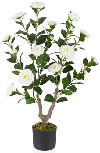 GIANTEX Albero di Camelia Artificiale da 90 cm, Pianta Finta con 16 Fiori di Camelia Rosa in Tessuto, Tronco in Legno Massiccio, Pianta Decorativa in Vaso per Ristorante, Ufficio (Bianco)
