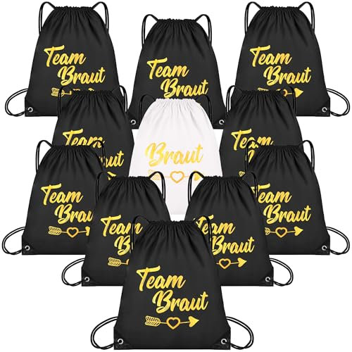 Hoseay Turnbeutel Frauen Set 11 Stück Junggesellenabschied Team Bride Tasche mit Kordelzug Sportbeutel Damen Verstellbar Sportrucksack Leicht Rucksack für Verlobung JGA Hochzeit Braut Party, Schwarz