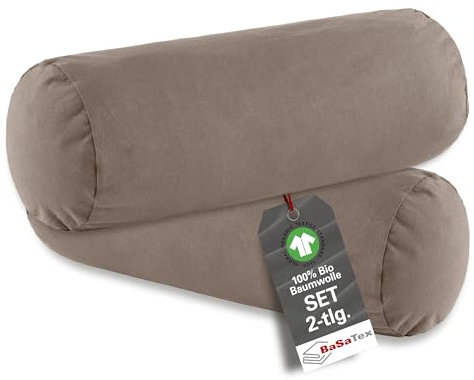 BaSaTex Bio Kissenbezüge für Nackenrolle 40x15 cm im 2er Pack - 97% GOTS-Zertifizierte Baumwolle + 3% Elasthan - Farbe: Taupe