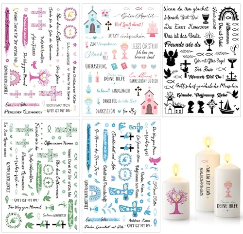 5pcs Kerzentattoos Kommunion Taufe Kerzen Tattoofolie Kerzentattoo Wassertransferdruck Kerzenaufkleber Perfekte Dekoration für einzigartige Taufkerzen und handgemachte Kunstwerke