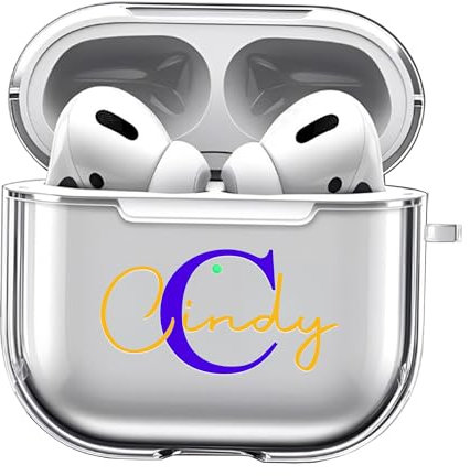 Custodia nome iniziale personalizzato compatibile con Apple AirPods terza generazione (2019), custodia trasparente personalizzata bifacciale portachiavi cordino per cinturino Custodia cuffie