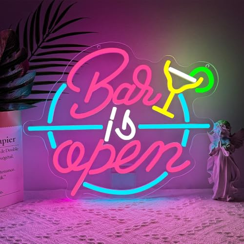 Bar is Open Neon LED Room Decor,Cocktail Insegna Neon per Bar Nightclub Party Garage Man Cave Gaming Room Sala Giochi Camera da Letto,Cocktail Scritte LED Regalo Colorati per Uomini Donne （13*12.7）