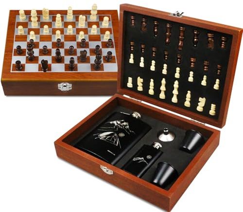 Flachmann Set 260ML mit Schachspiel, Edelstahl Whisky Topf Mini Schnapsflasche Upscale Tragbar Alkoho Geschenke, Vater