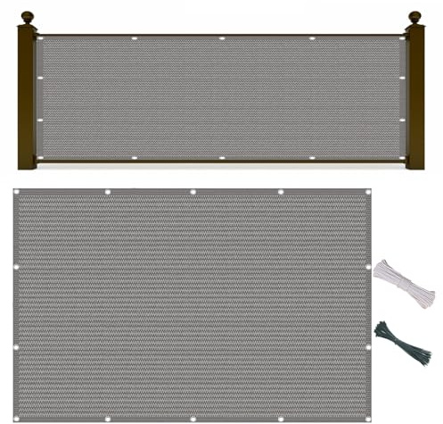 Balkon Sichtschutz 130 x 170 cm HDPE Gewebe, Windschutz, Sonnenschutz, Atmungsaktiv, Balkonbespannung Blickdicht mit Kabelbinder Und Kordel für Balkon, Terrasse, Garten, Grau