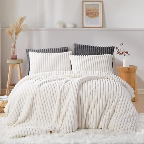 Covebett Plüsch Bettwäsche 200x200 Weiß Creme Uni Winter Warm Shaggy Cashmere Touch Flauschig Plüschbettwäsche Gestreift Felloptik Luxus Wende Bettbezug Reißverschluss und 2 Kissenbezug 80x80 cm