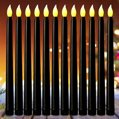 LED Kerzen Schwarz,12 Stück LED Stabkerzen,Flammenlose Tafelkerzen 27.5cm,Elektrische Kerzen,Flackernde Flamme,Batteriebetriebene Kerzen,Schwarz LED Stabkerzen für Halloween Deko Candlelight Dinner