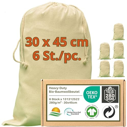 WIESEN.design Schuhbeutel - 280 g/m² OEKO-TEX® zertifizierte Heavy-Duty Baumwolle für langlebige, professionelle Anwendungen, 30x45 cm - 6 St. Schuhbeutel Reise, Baumwollsäckchen zum befüllen