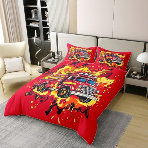 Homemissing Feuerwehr 100% Baumwolle Bettwäsche Set 135x200cm Cartoon Rot Auto Bettbezug Feuerwehrmann Auto Fahrzeug Betten Weich Bettwäsche-Set mit 1 Kissenbezug