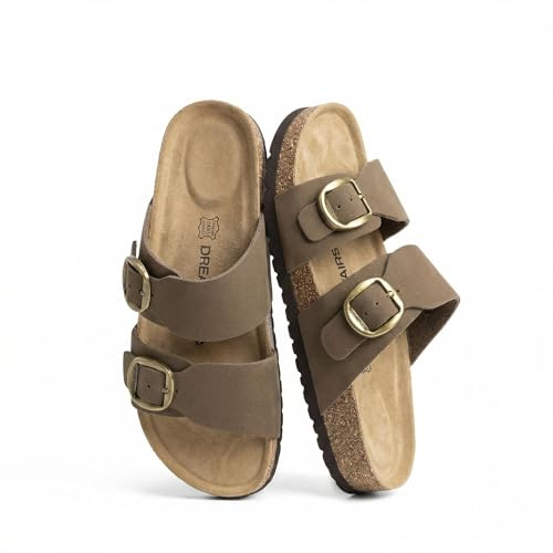 DREAM PAIRS Women's Slides Soft Footbed Sandals | ArchFrame dual midsole, genuine leather breathable footbed, adjustable double straps, slip-on lace-free design