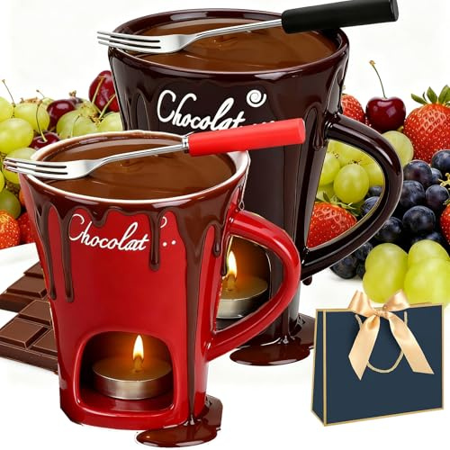 Chocolate Melt Mug, Chocolate Melting Mug with Forks, Chocolate Fondue Mug, Hot Chocolate Mug, Chocolate Mug with Candle, Use with Melted Chocolate or Cheese (Coffee+Red)