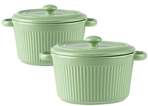 LUPATDY Lot de 2 Ramequin Four Ronds en Céramique avec Couvercle 400 ml, Mini Cocottes en Céramique avec Poignées pour Brûlée, Viande, Légumes, pour Friteuse à air, Lave-vaisselle, Vert