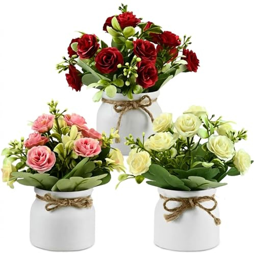 Yibang 3 Künstliche Pflanzen Deko Blumen Topfrosen - 18cm Künstliche Blumen | Blumen für Außen Innen Kunstblumen Wie Echt RoteDekoblumen Rosenbusch Künstliche Pflanzen Wie Echt im Topf Plastikblumentöpfe