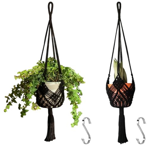 Muorruo 2-Pack Hanging Planters with Patterns, Macrame Plant Hangers for Indoor and Outdoor Use, Macrame Plant Holders for Pots up to 20 cm Diameter, Black