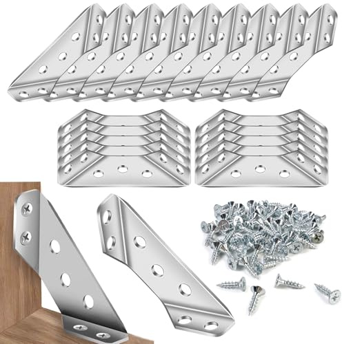 20pcs Stainless Steel Corner Brackets for Wood, 1.4mm Angle Brackets, Angle Brackets with Screws, Metal Corner Connectors for Furniture, Shelves, Cabinets, and Tables