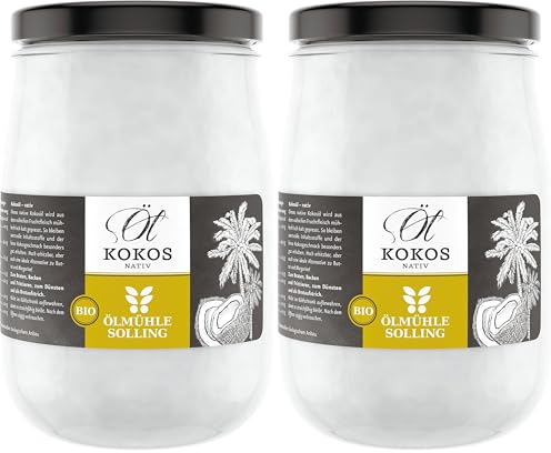 ÖLMÜHLE SOLLING - BIO Kokosöl | 100% natives Bio-Kokosnussöl | Ideal geeignet zum Braten, Backen und Frittieren, als Haut-& Haarpflege sowie für Hunde und Katzen | Inhalt: 1 L (Packung mit 2)