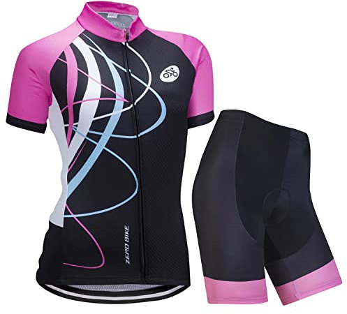 ZEROBIKE Women's Short Sleeve Breathable Cycling Jersey Set, Quick-Dry Biking Shirt with 6D Cushion Shorts Padded Pants, L, Galloping Pink