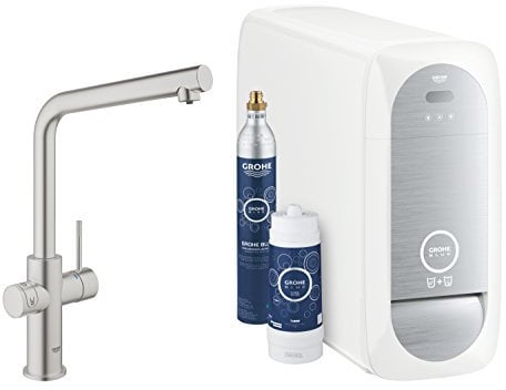 GROHE Blue Home - Starter Kit (L- Auslauf, 3 gefilterte und gekühlte Wasserarten, für GROHE Blue Filter S-Size, Filterkopf mit flexibler Wasserhärteeinstellung), supersteel, 31454DC1
