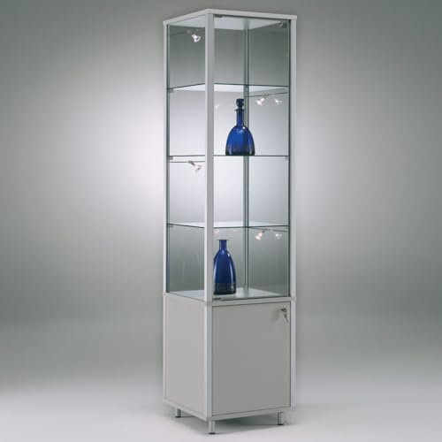 MHN Glasvitrine T 41,5 x B 41,5 x H 183 cm - schmale Ausstellungs-Vitrine mit Unterschrank abschließbar - Glas Vitrinenschrank - Spiegel-Rückwand - ohne Beleuchtung