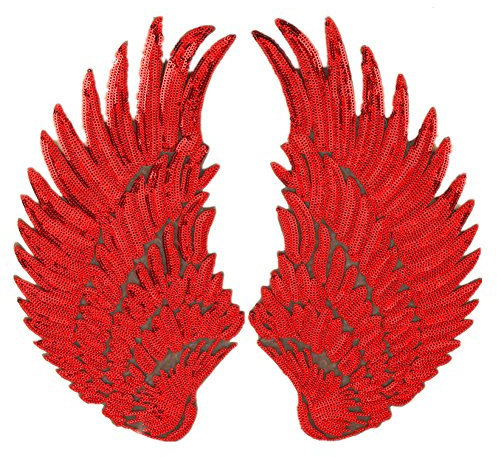 Zhiheng 1 Pair Jumbo Angel Wings Sequin Patches Iron on Sew on Appliques Embroidered Motif for DIY Clothing Accessories (Red)