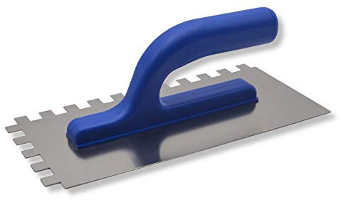 DEWEPRO Zahnkelle LIGHT 12 x 12 mm aus Edelstahl, Zahnspachtel 270 x 130 mm, säurebeständig und rostfrei, Glättekelle mit leichtem Kunststoffgriff für Fliesenarbeiten