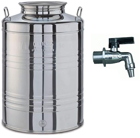 Milo srl Contenitore Bidone Fusto Olio Acciaio Rubinetto Inox 18/10 Omaggio Fustino Fustini (50 Lt, Bidone con Rubinetto Ottone)