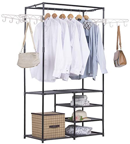 eSituro Kleiderschrank offen, Kleiderständer mit Kleiderstange und 12 Haken, freistehende Garderobe mit Ablage, für Ankleidezimmer, Schlafzimmer, 44 x 87 x 158 cm, Schwarz
