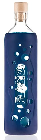 FLASKA | Botella de agua cristal programado | 300 ml | Mar Profundo | Estructura el agua | Funda de silicona | Bebidas Frías y Calientes | sin BPA | Ecológica | Deporte, Oficina, Yoga