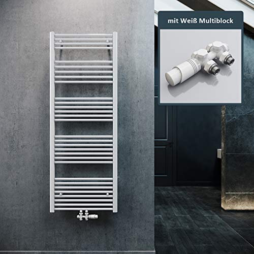 ELEGANT Heizkörper Bad 1600x600mm Weiß Badheizkörper Mittelanschluss Heizkörper Handtuchtrockner Handtuchwärmer mit Weiß Multiblock Thermostat