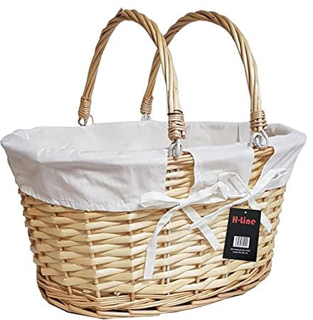 H-LINE Brown Oval Traditional Split Willow Shopping Basket with Folding Handles Vintage Storage Wicker Christmas Hamper