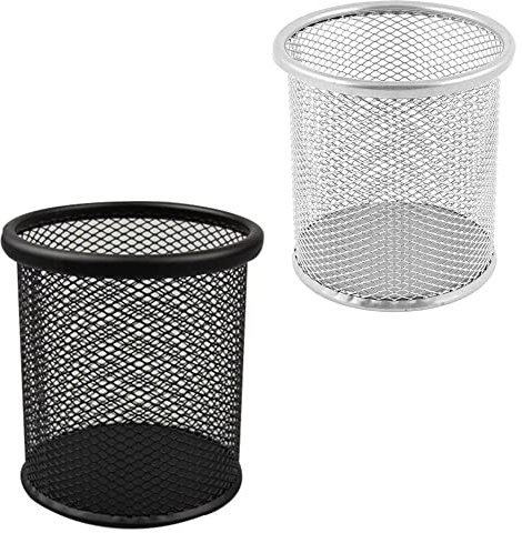 ZYBUX - Mesh Pen Holder - Desk Bin Pencil Pot | Pen Holders Desks Tidy |Table Acessories Pencil Organiser and Makeup Brushes Storage Gifts For Her of Him | (Set of 2, 1 Black and 1 Silver)