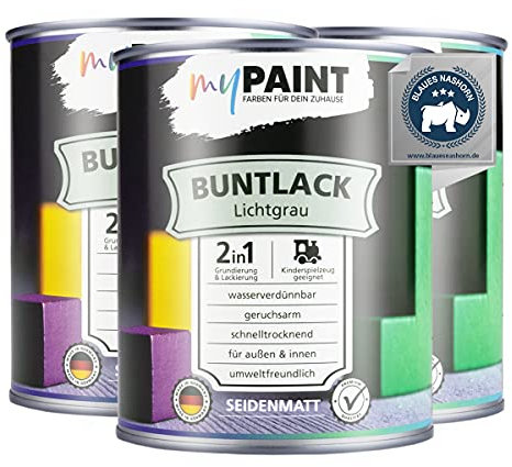 myPAINT® 2-en-1 vernis de couleur (2,25L, RAL 7035 gris clair) satiné Peinture acrylique - peinture pour jouets d'enfants - peinture pour bois - peinture pour bois intérieur