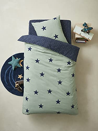 Vertbaudet Kinder Bettwäsche-Set,Dream Big Khaki/Marine Sterne 140X200 - Kissen 63X63