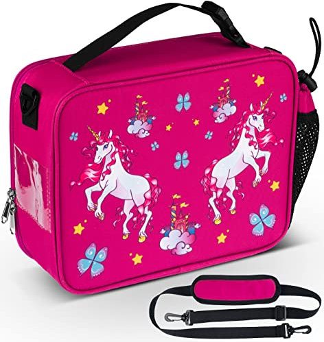 HeavenlyUnicorns Insulated Unicorn Kids Lunch Bag for Girls Child with Bottle Holder, Carry Handle & Shoulder Strap, Kids Lunch Box Snack Box Thermal Tote Cooler Bag for School Picnic Outdoor or Work