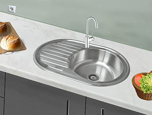 77x50cm évier inox 304 18/8 0,8mm, évier en acier inoxydable 1 Bac rond, Évier de cuisine,Brossé (Égouttoir à gauche)