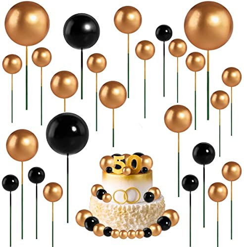 Unfuntly 66 Stück Cake Topper Hochzeit, Mini Cupcake Schaumball Topper, DIY Kuchen Topper für Hochzeits Geburtstags Party (Schwarzes Gold)