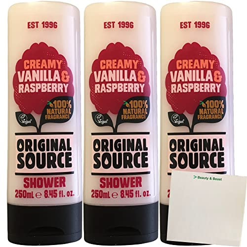 Original Source Creamy Vanilla & Raspberry Duschgel 3er Pack (3x250ml Flasche) + usy Block